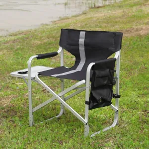 Comfortable Padded Folding Outdoor Chair for Relaxation, Lightweight and Robust Design with Side Table and Storage, for Camping and Picnics, Black/Grey
