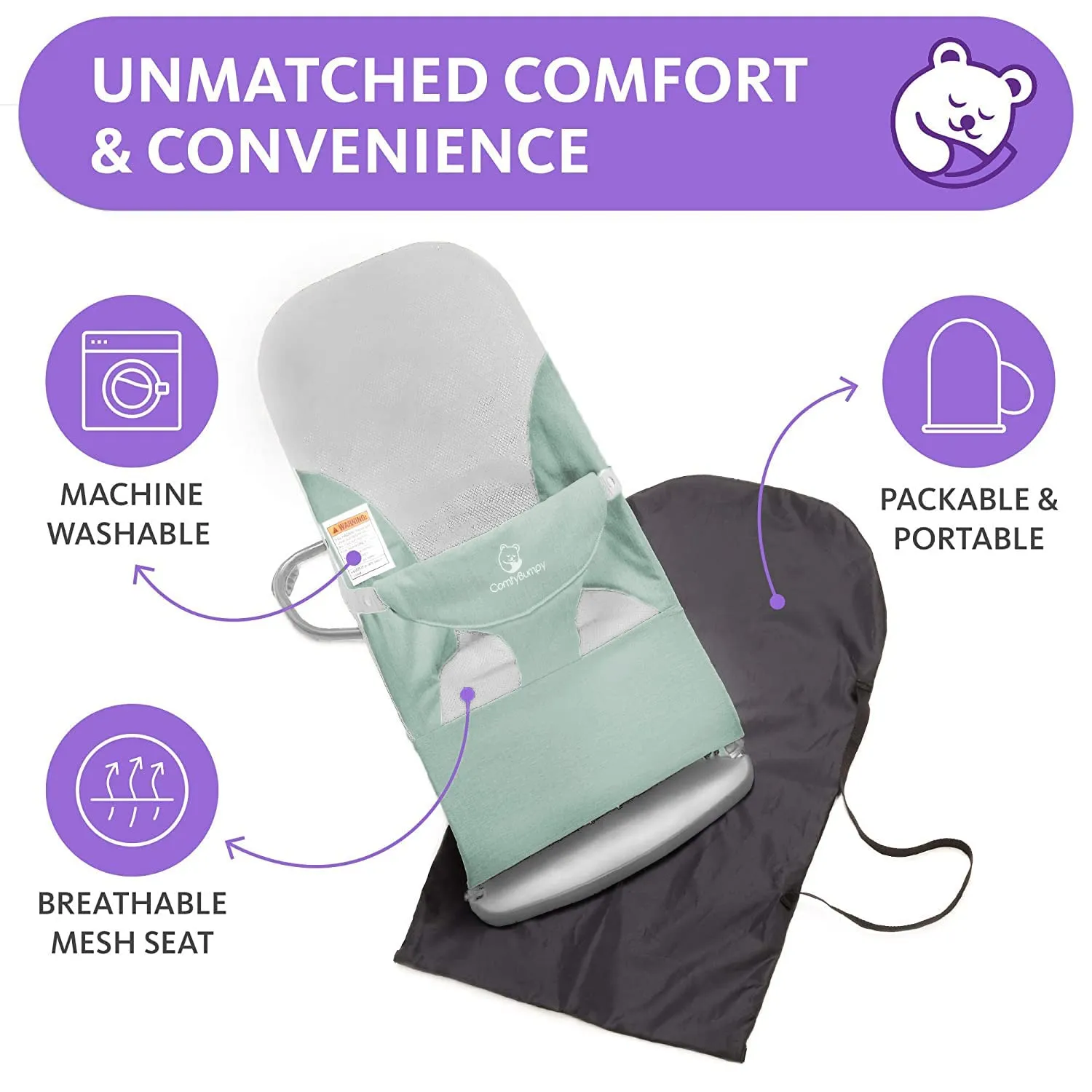 ComfyBumpy Ergonomic Baby Bouncer Seat - Bonus Travel Carry Case - Safe, Portable Bouncing Chair with Adjustable Height Positions - Infant Sleeper Bouncy Seat Perfect for Newborn Babies (Green)