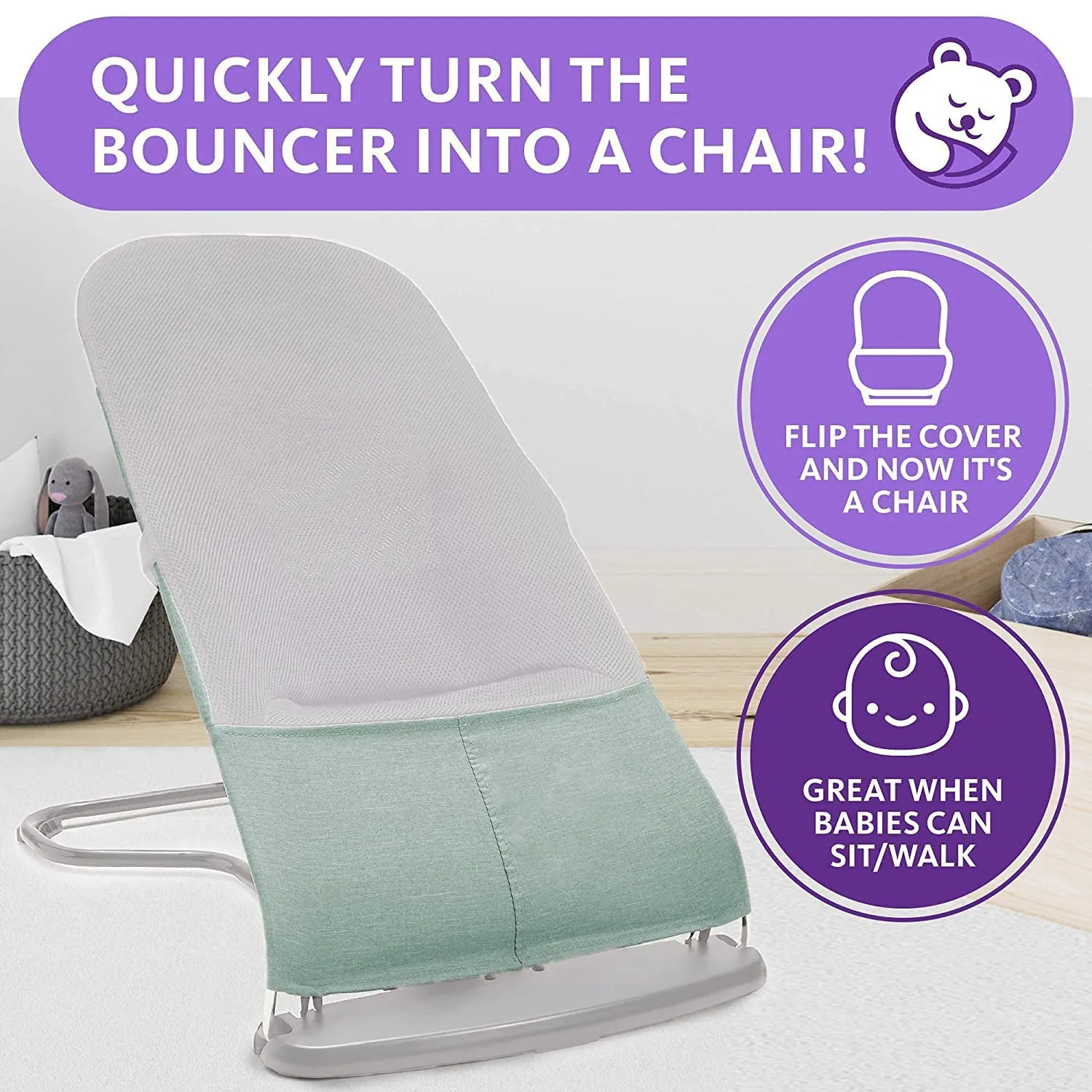ComfyBumpy Ergonomic Baby Bouncer Seat - Bonus Travel Carry Case - Safe, Portable Bouncing Chair with Adjustable Height Positions - Infant Sleeper Bouncy Seat Perfect for Newborn Babies (Green)