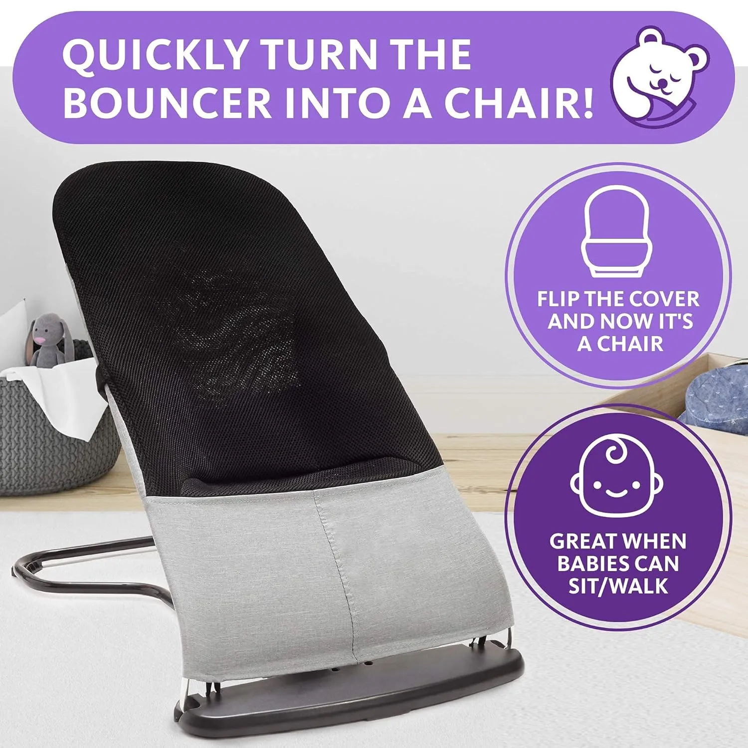ComfyBumpy Ergonomic Baby Bouncer Seat - Bonus Travel Carry Case - Safe, Portable Bouncing Chair with Adjustable Height Positions - Infant Sleeper Bouncy Seat Perfect for Newborn Babies (Grey)