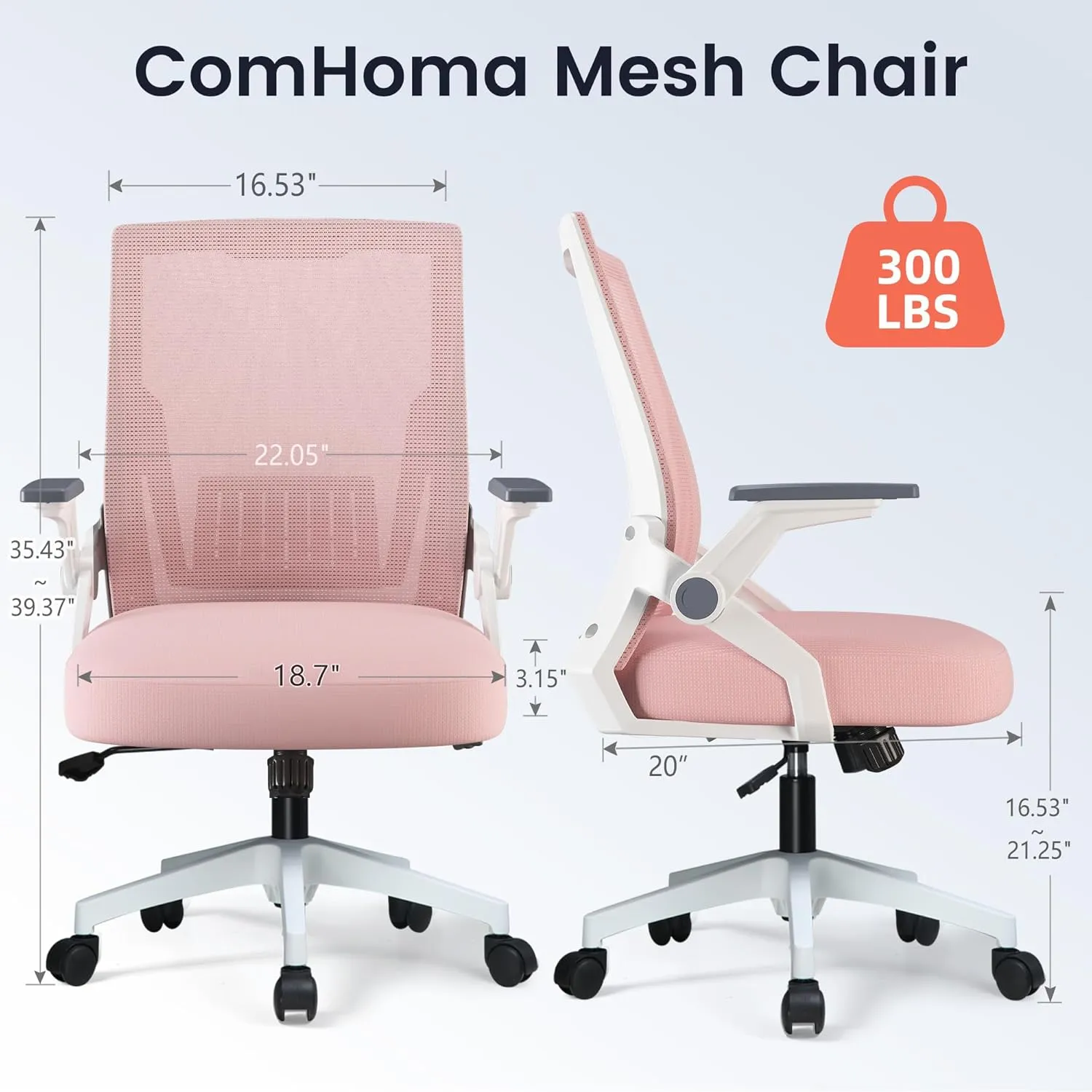 COMHOMA Office Chair with Flip-up Armrests Ergonomic Computer Desk Chair with Adaptive Lumbar Support, Breathable Mesh Swivel Tilt Task Study Chair with Wheels for Home, Bedroom, Pink
