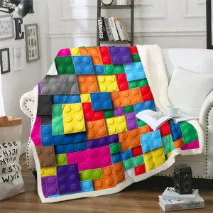 Construction 3D Building Blocks Throw Blanket, 50"x60", Colorful Fleece Kids Boys Bricks Bed Blanket, Gradient Rainbow Gaming Sofa Camping Decor, Blue, Orange, Yellow, Green, Magenta