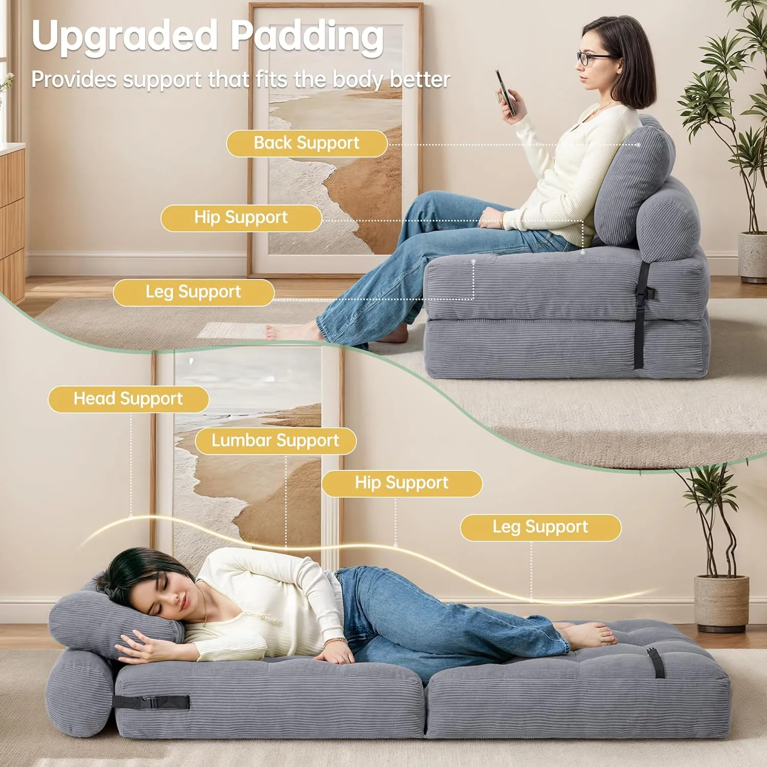 Convertible Folding Sofa Bed - Sleeper Chair Bed with Back Support and Pillow, Fold Out Chair Bed, Soft and Comfortable Floor Couch for Small Spaces/Living Room/Bedroom, Upgraded, Grey