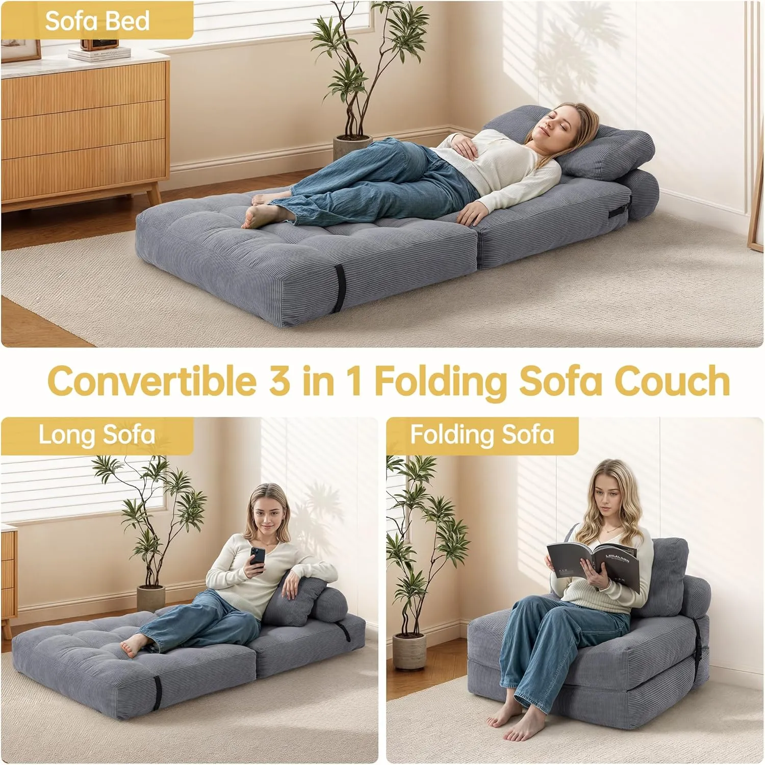 Convertible Folding Sofa Bed - Sleeper Chair Bed with Back Support and Pillow, Fold Out Chair Bed, Soft and Comfortable Floor Couch for Small Spaces/Living Room/Bedroom, Upgraded, Grey
