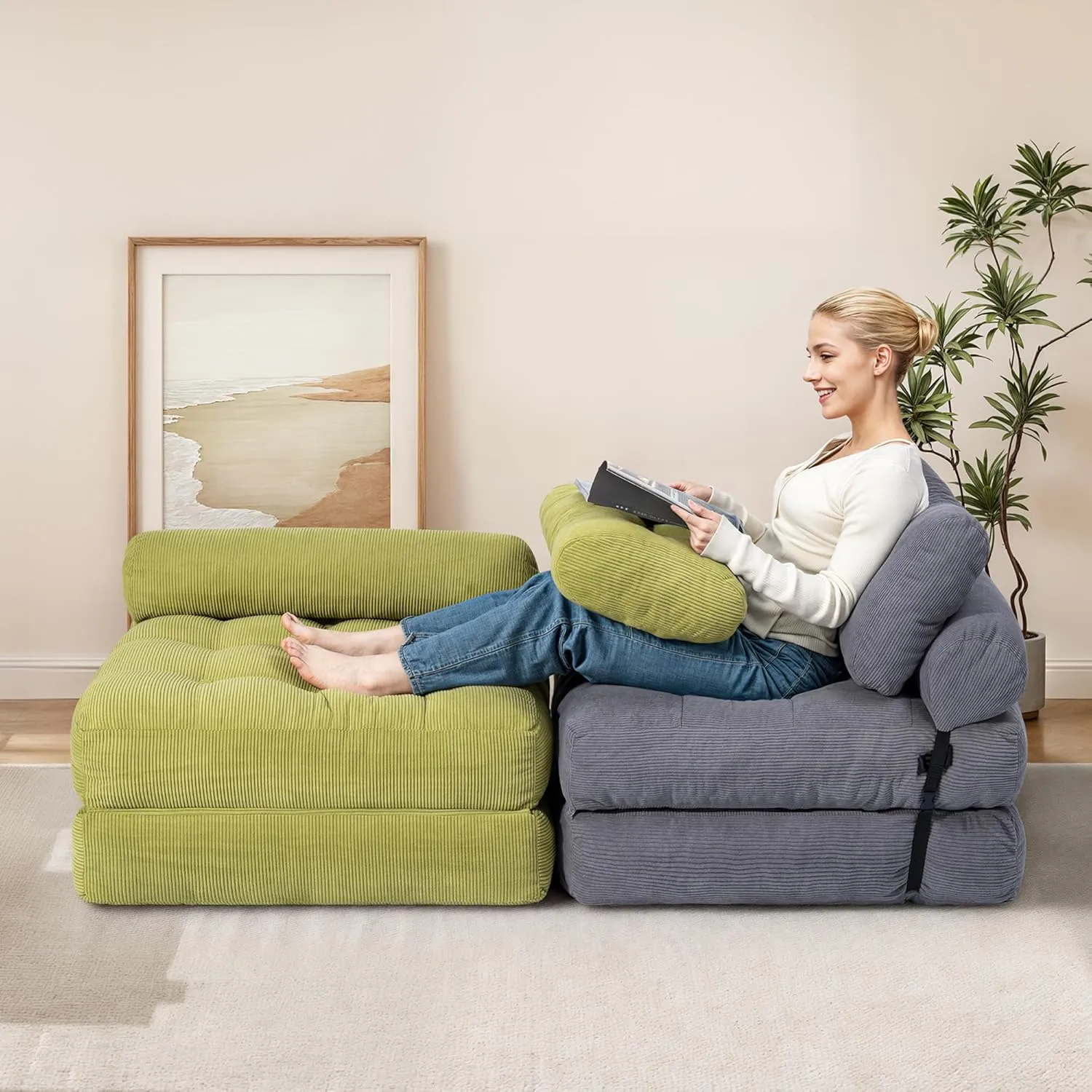 Convertible Folding Sofa Bed - Sleeper Chair Bed with Back Support and Pillow, Fold Out Chair Bed, Soft and Comfortable Floor Couch for Small Spaces/Living Room/Bedroom, Upgraded, Grey