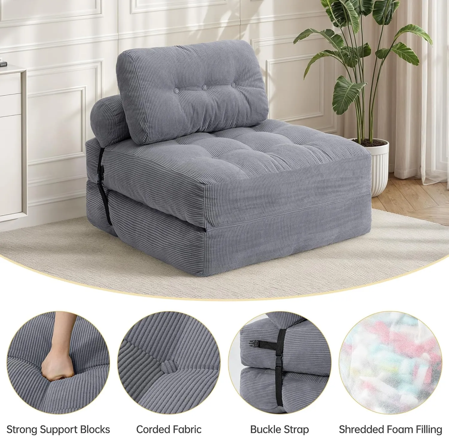Convertible Folding Sofa Bed - Sleeper Chair Bed with Back Support and Pillow, Fold Out Chair Bed, Soft and Comfortable Floor Couch for Small Spaces/Living Room/Bedroom, Upgraded, Grey