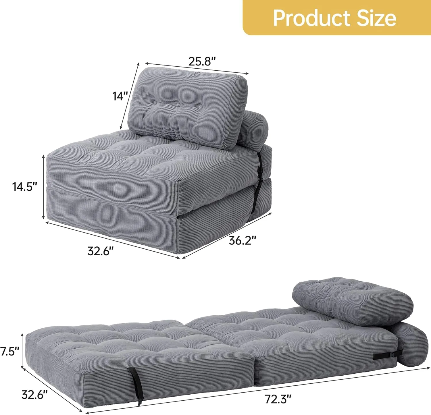 Convertible Folding Sofa Bed - Sleeper Chair Bed with Back Support and Pillow, Fold Out Chair Bed, Soft and Comfortable Floor Couch for Small Spaces/Living Room/Bedroom, Upgraded, Grey