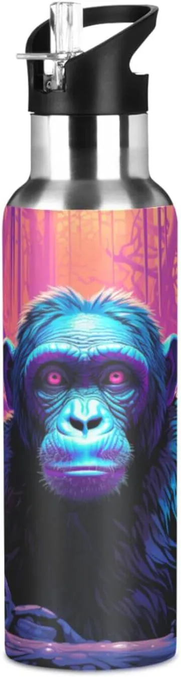 Cool Animal Chimpanzee Sport Water Bottle Insulated Stainless Steel Large Vacuum Flask Leak Proof Thermos with Straw for Travel(600ml/1000ml)