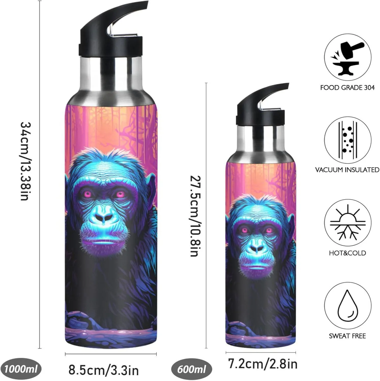 Cool Animal Chimpanzee Sport Water Bottle Insulated Stainless Steel Large Vacuum Flask Leak Proof Thermos with Straw for Travel(600ml/1000ml)