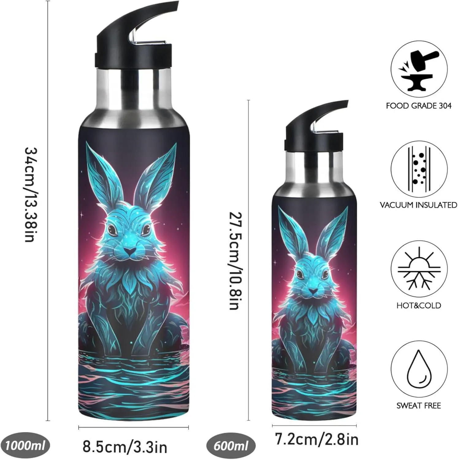 Cool Blue Bunny Sport Water Bottle Insulated Stainless Steel Large Vacuum Flask Leak Proof Thermos with Straw for Travel(600ml/1000ml)