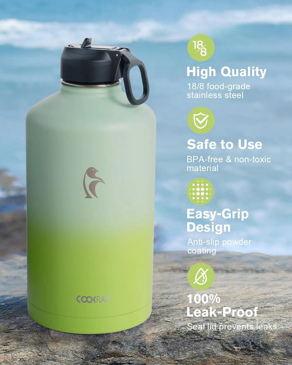 Coolflask 128 oz Gallon Water Bottle Insulated with Straw&3 Lids, Water Jug Large Stainless Steel Metal Vacuum Wide Mouth for Sports, Gym or Office, Non-BPA Keep Cold 48H Hot 24H, Ombre Green