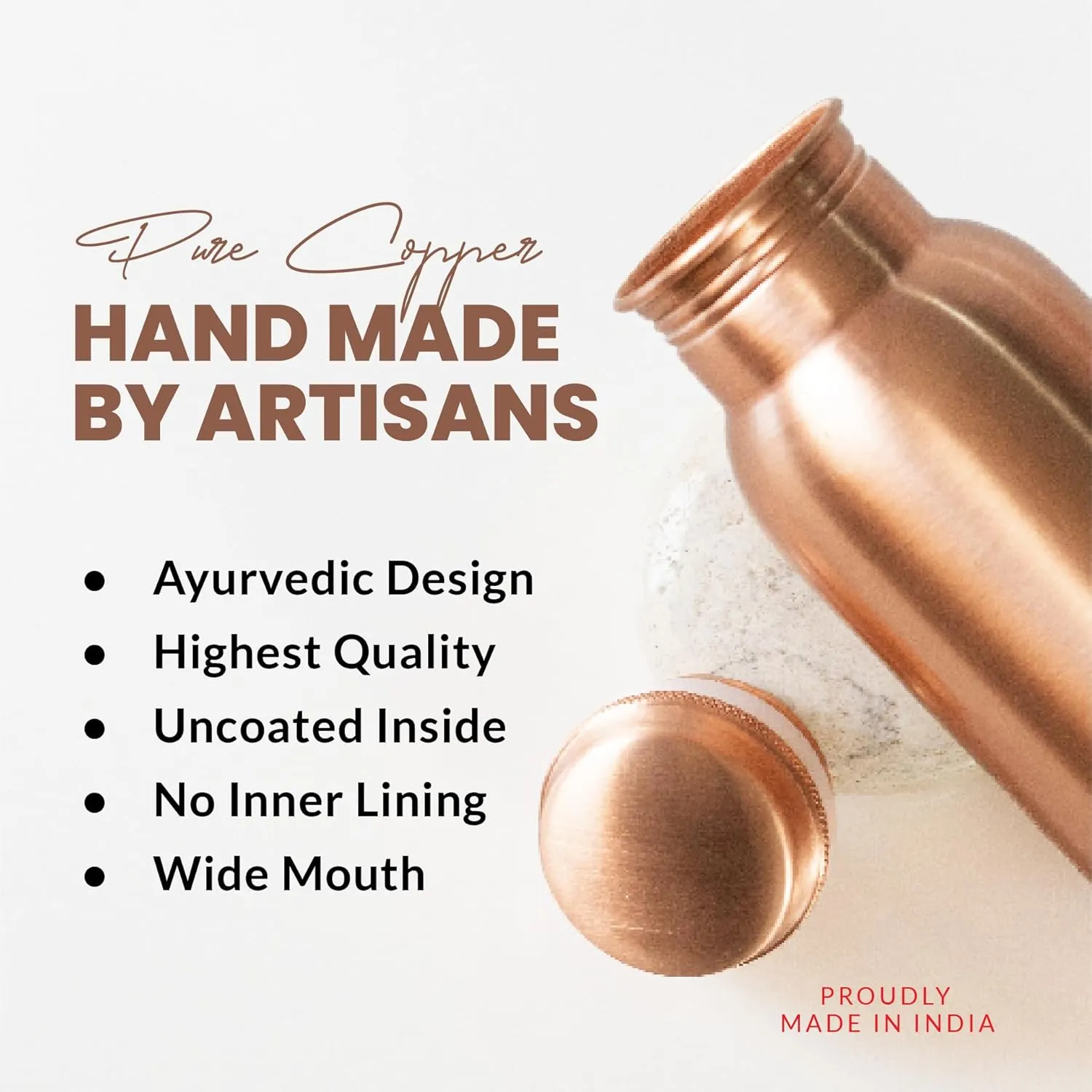 Copper Water Bottle - 32 Oz Copper Bottle Plain Design | Pure Copper Ayurvedic Bottle for Drinking | Leak-Proof, Travel-Friendly, Wide Mouth