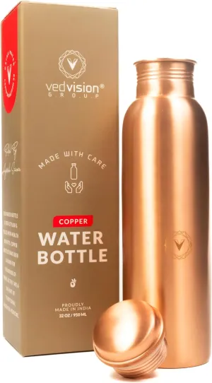 Copper Water Bottle - 32 Oz Copper Bottle Plain Design | Pure Copper Ayurvedic Bottle for Drinking | Leak-Proof, Travel-Friendly, Wide Mouth