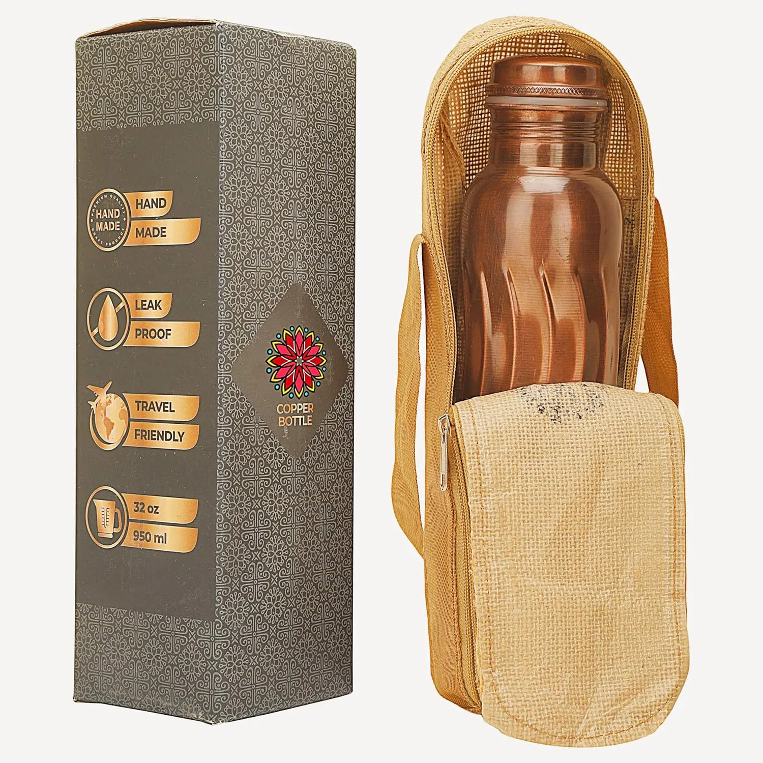 Copper Water Bottle For Drinking Pure Copper Bottle 1000 ml Copper Vessel With Carrying Bag For Sports, Yoga, Ayurvedic Copper Bottle for Gym,Office,Hiking (Pack of 1, Antique Curve Bottle)