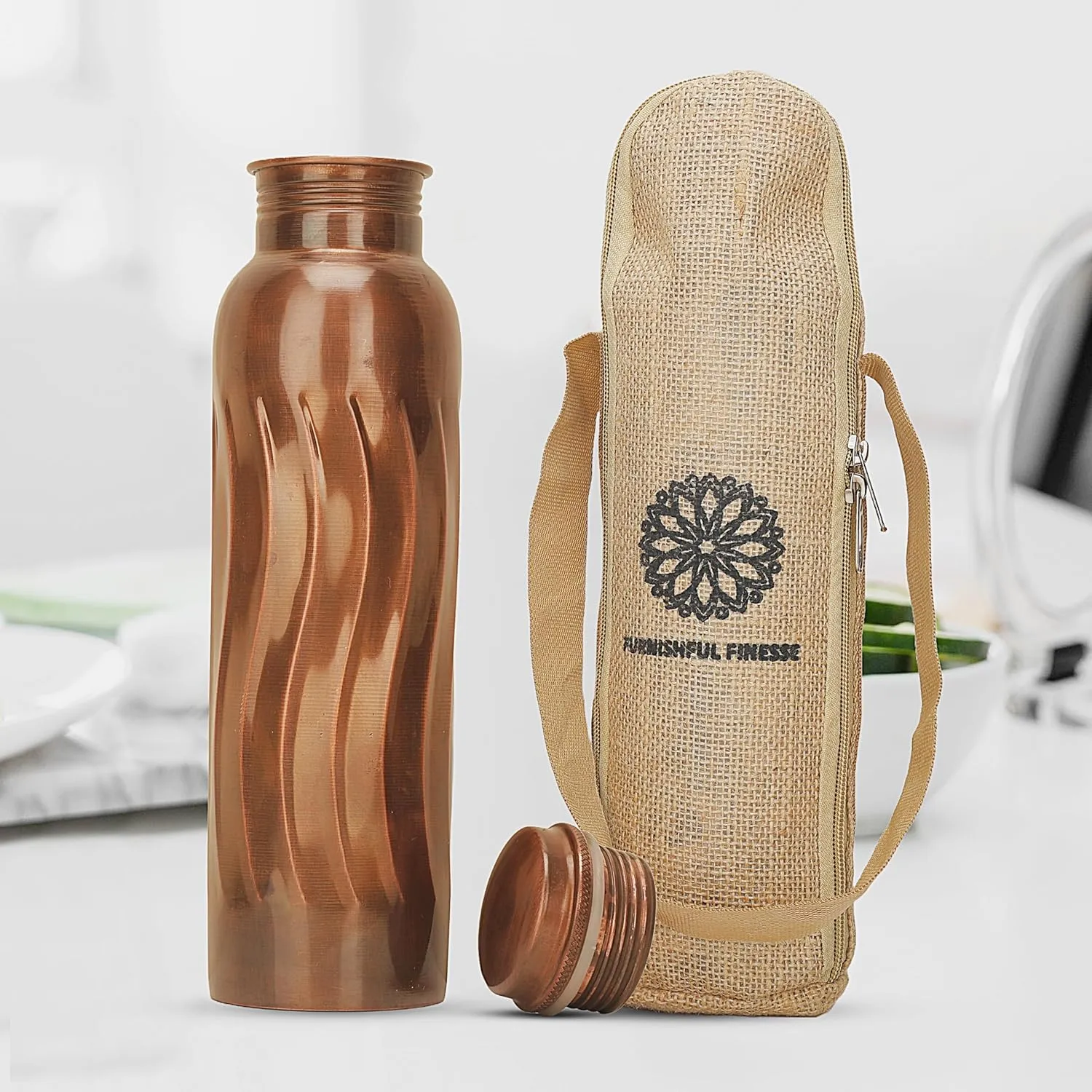 Copper Water Bottle For Drinking Pure Copper Bottle 1000 ml Copper Vessel With Carrying Bag For Sports, Yoga, Ayurvedic Copper Bottle for Gym,Office,Hiking (Pack of 1, Antique Curve Bottle)