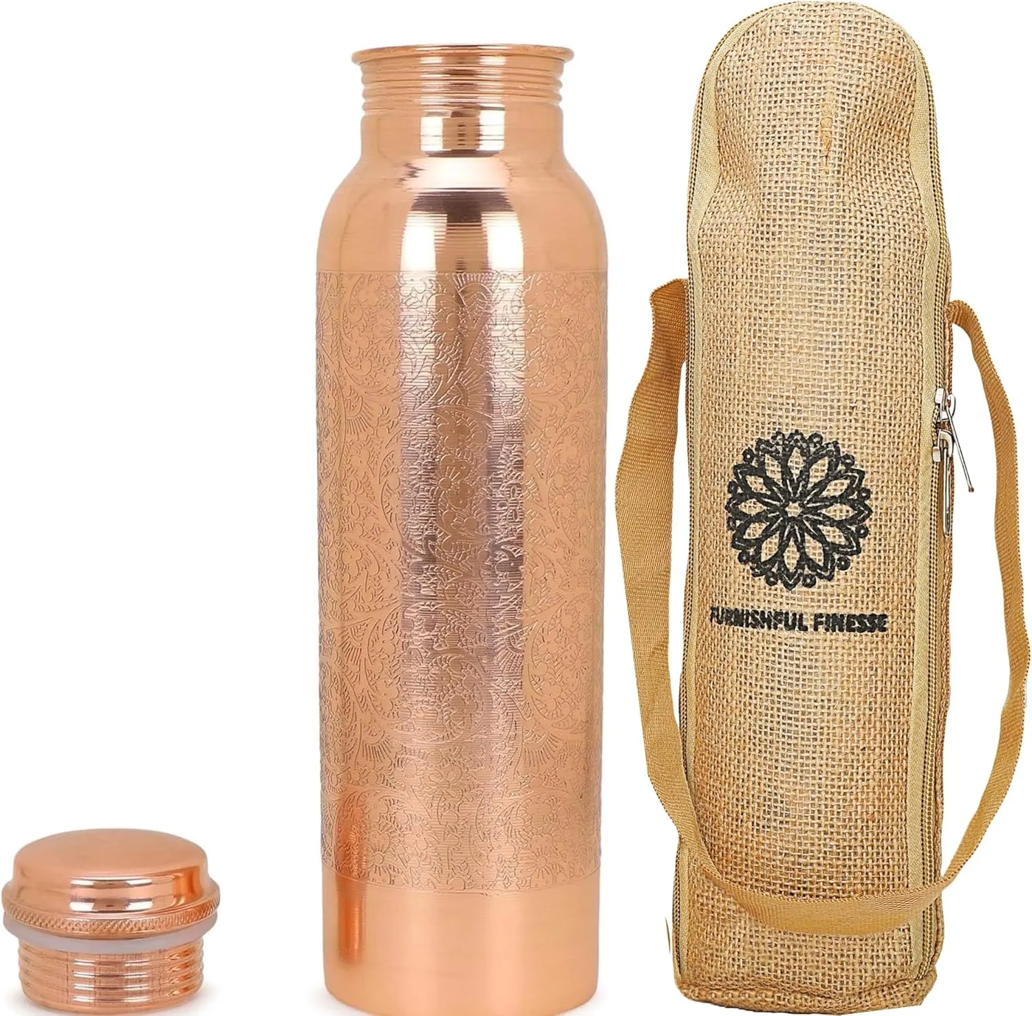 Copper Water Bottle For Drinking Pure Copper Bottle 1000 ml With Jute Carry Bag For Sports, Yoga for Gym,Office,Hiking - Pack of 1, Natural Finish