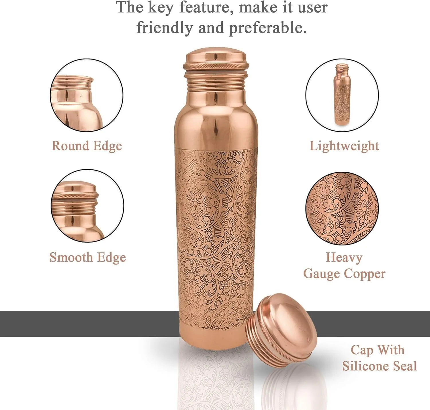 Copper Water Bottle For Drinking Pure Copper Bottle 1000 ml With Jute Carry Bag For Sports, Yoga for Gym,Office,Hiking - Pack of 1, Natural Finish