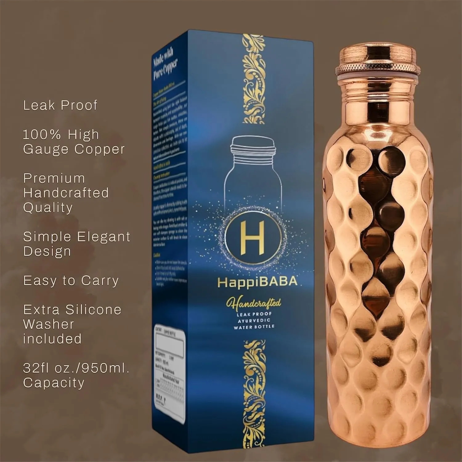 Copper Water Bottle – Quality Handcrafted Wide-Mouth Tumbler with Leak-Proof Cap, Featuring a Trendy Honeycombed Hammered Design.100% Pure Copper Drinkware for Optimal Hydration. (Honeycomb 32 Oz)