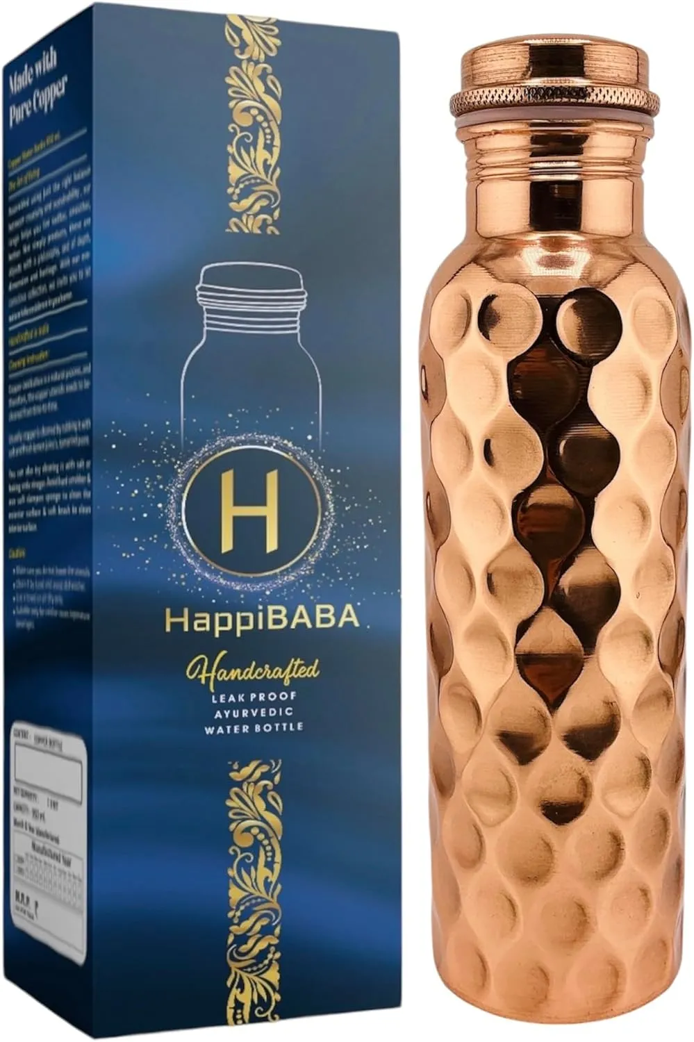Copper Water Bottle – Quality Handcrafted Wide-Mouth Tumbler with Leak-Proof Cap, Featuring a Trendy Honeycombed Hammered Design.100% Pure Copper Drinkware for Optimal Hydration. (Honeycomb 32 Oz)