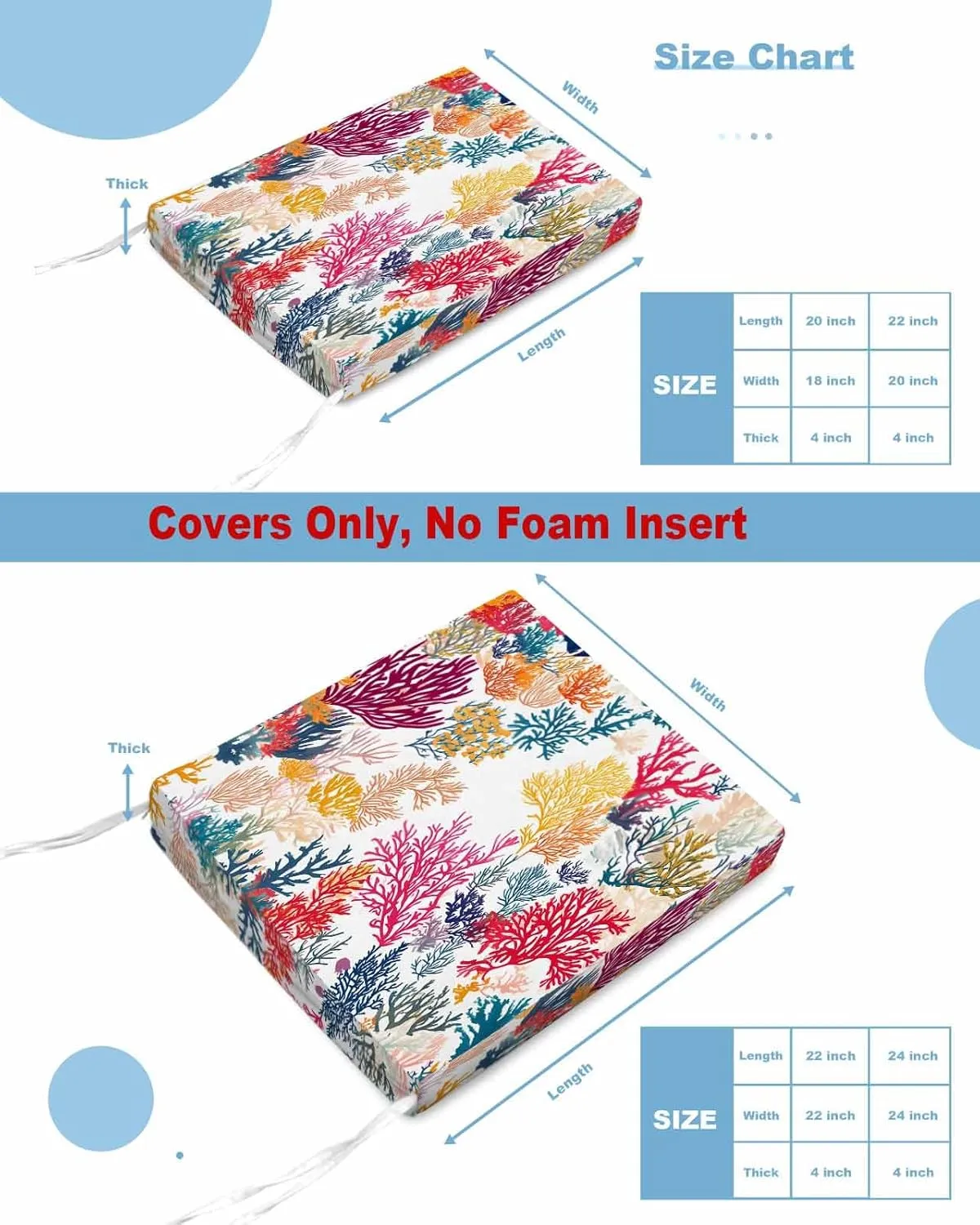 Coral Coastal Outdoor Cushion Chair Cover Set of 2 - Waterproof Couch Seat Covers, Nautical Summer Beach Ocean Patio Furniture Protector Cushions Slipcovers for Sofa/RV, 24"x24"x4"