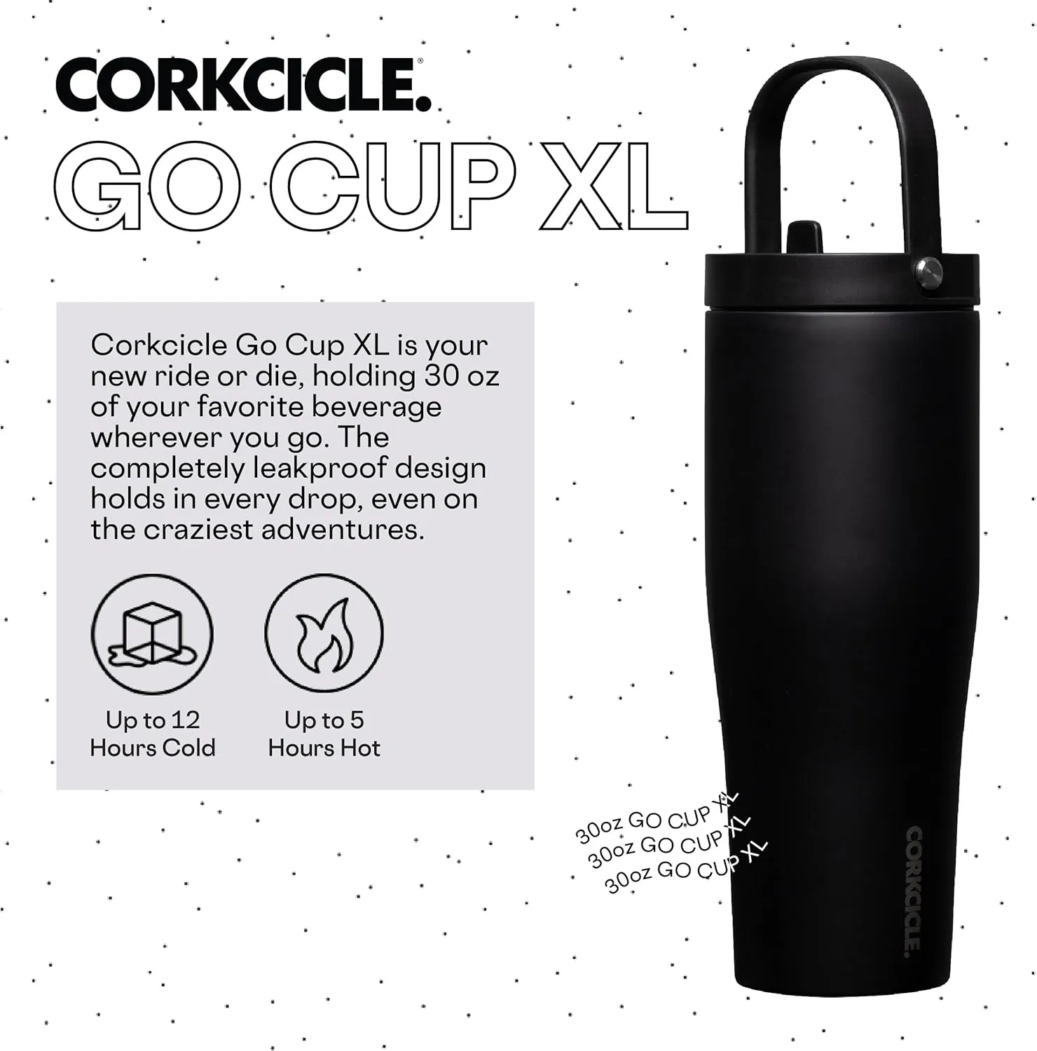 Corkcicle Go Cup XL Insulated Tumbler with Lid and Straw, Matte Black, 30 oz – Reusable Water Bottle Keeps Beverages Cold for 12hrs – Cupholder Friendly Tumbler, Leak-Proof Design