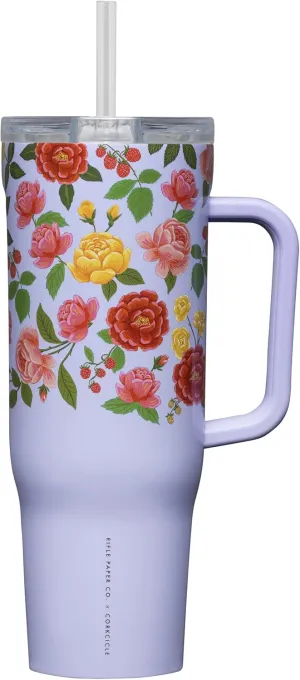 Corkcicle x Rifle Paper Co. Cruiser Insulated Tumbler with Handle and Straw, Roses Purple, 40 oz – Reusable Water Bottle Keeps Beverages Cold 20hrs, Hot 9hrs – Cupholder Friendly, Spill Proof