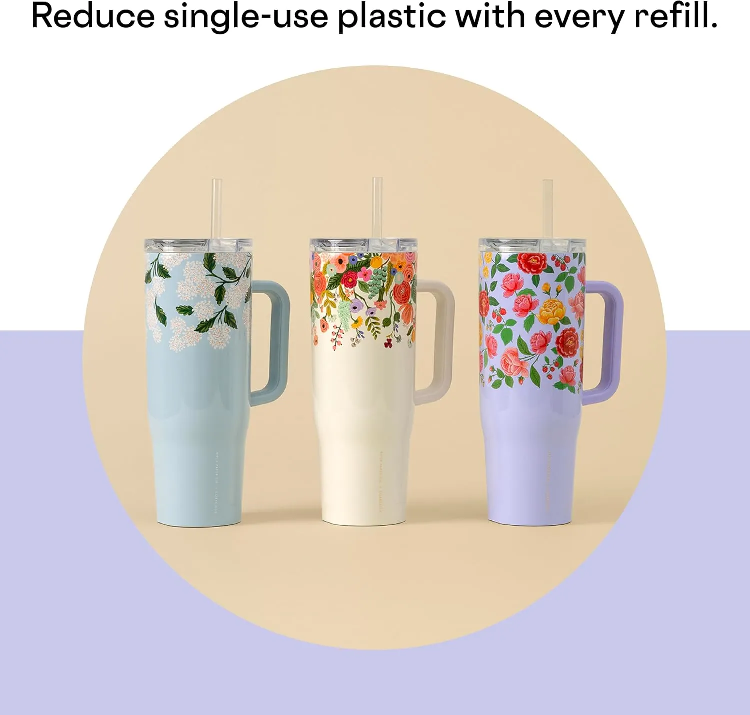 Corkcicle x Rifle Paper Co. Cruiser Insulated Tumbler with Handle and Straw, Roses Purple, 40 oz – Reusable Water Bottle Keeps Beverages Cold 20hrs, Hot 9hrs – Cupholder Friendly, Spill Proof
