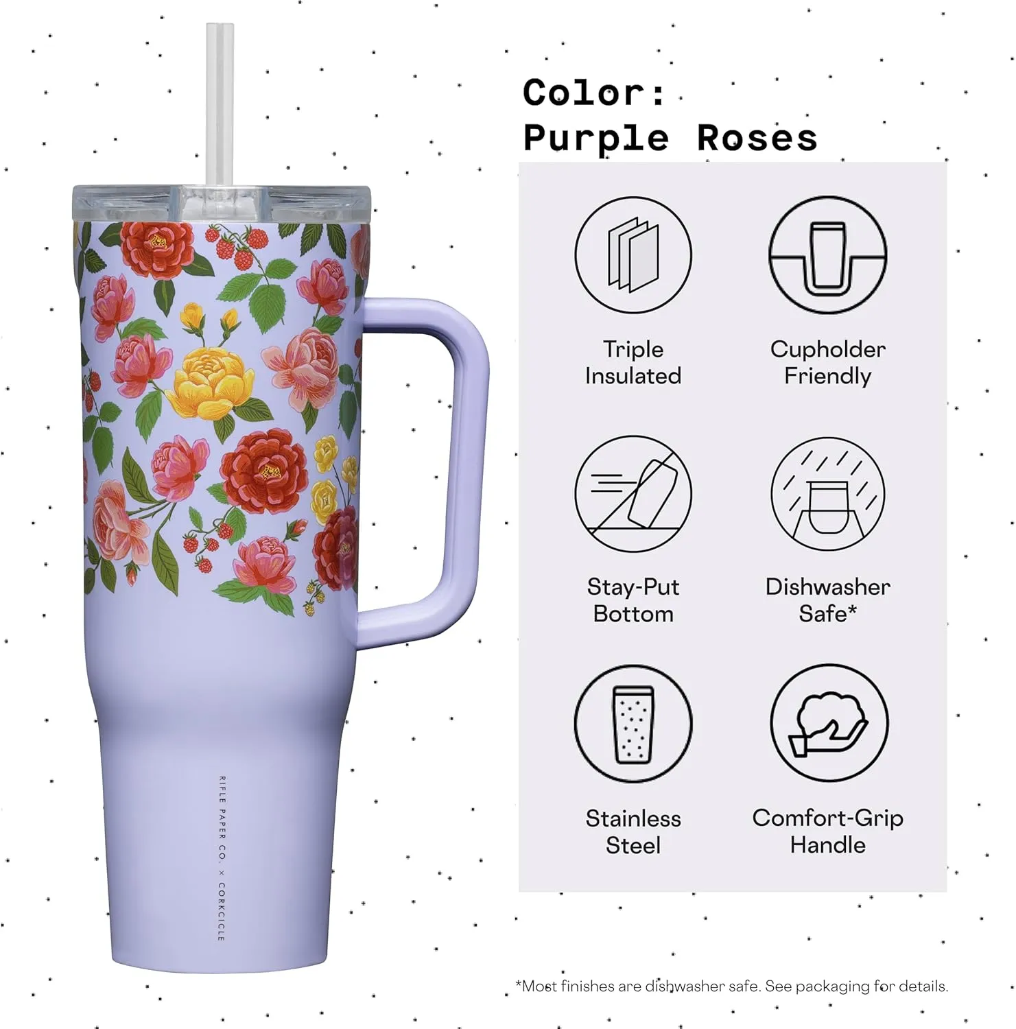 Corkcicle x Rifle Paper Co. Cruiser Insulated Tumbler with Handle and Straw, Roses Purple, 40 oz – Reusable Water Bottle Keeps Beverages Cold 20hrs, Hot 9hrs – Cupholder Friendly, Spill Proof