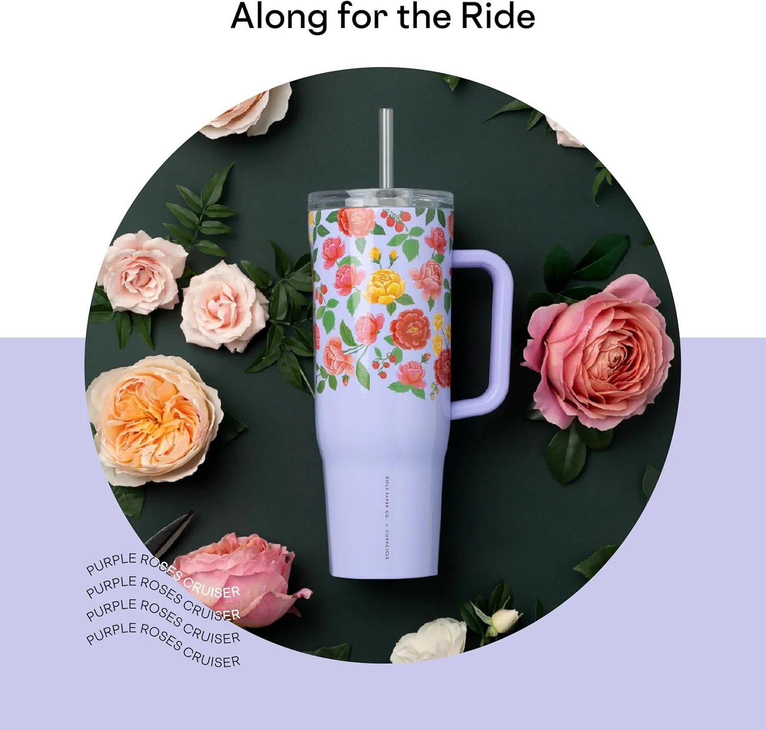 Corkcicle x Rifle Paper Co. Cruiser Insulated Tumbler with Handle and Straw, Roses Purple, 40 oz – Reusable Water Bottle Keeps Beverages Cold 20hrs, Hot 9hrs – Cupholder Friendly, Spill Proof
