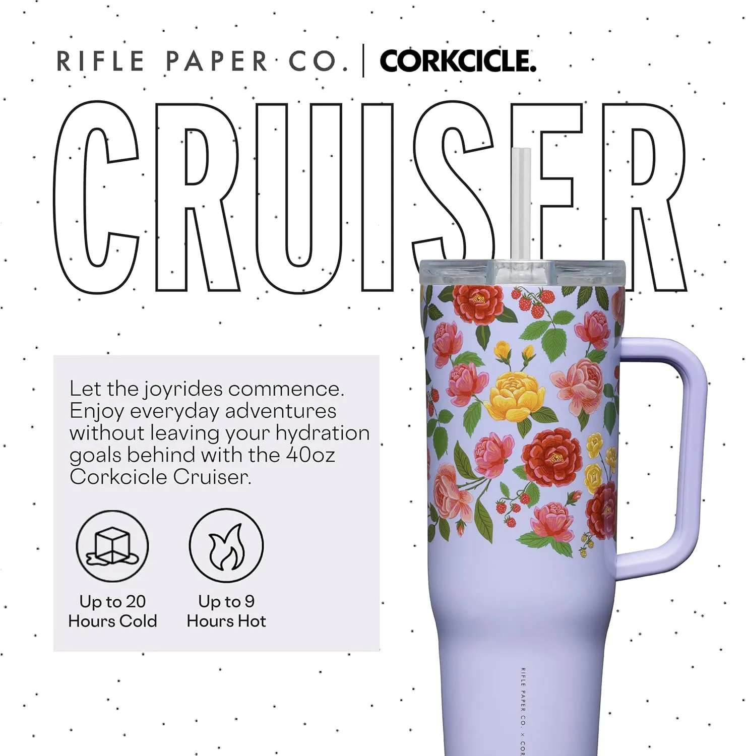 Corkcicle x Rifle Paper Co. Cruiser Insulated Tumbler with Handle and Straw, Roses Purple, 40 oz – Reusable Water Bottle Keeps Beverages Cold 20hrs, Hot 9hrs – Cupholder Friendly, Spill Proof