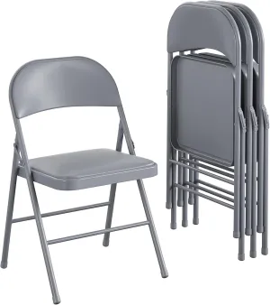 CoscoProducts COSCO Premium Vinyl Padded Metal Folding Chair, Double Braced, 4-Pack, Gray