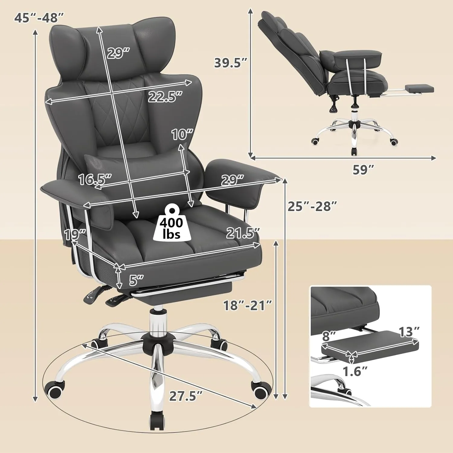 COSTWAY 400 LBS Big and Tall Office Chair, PU Leather Executive Desk Chair w/Retractable Footrest, Reclining Function, Lumbar Support, Ergonomic High Back Home Computer Task Chair (Grey)