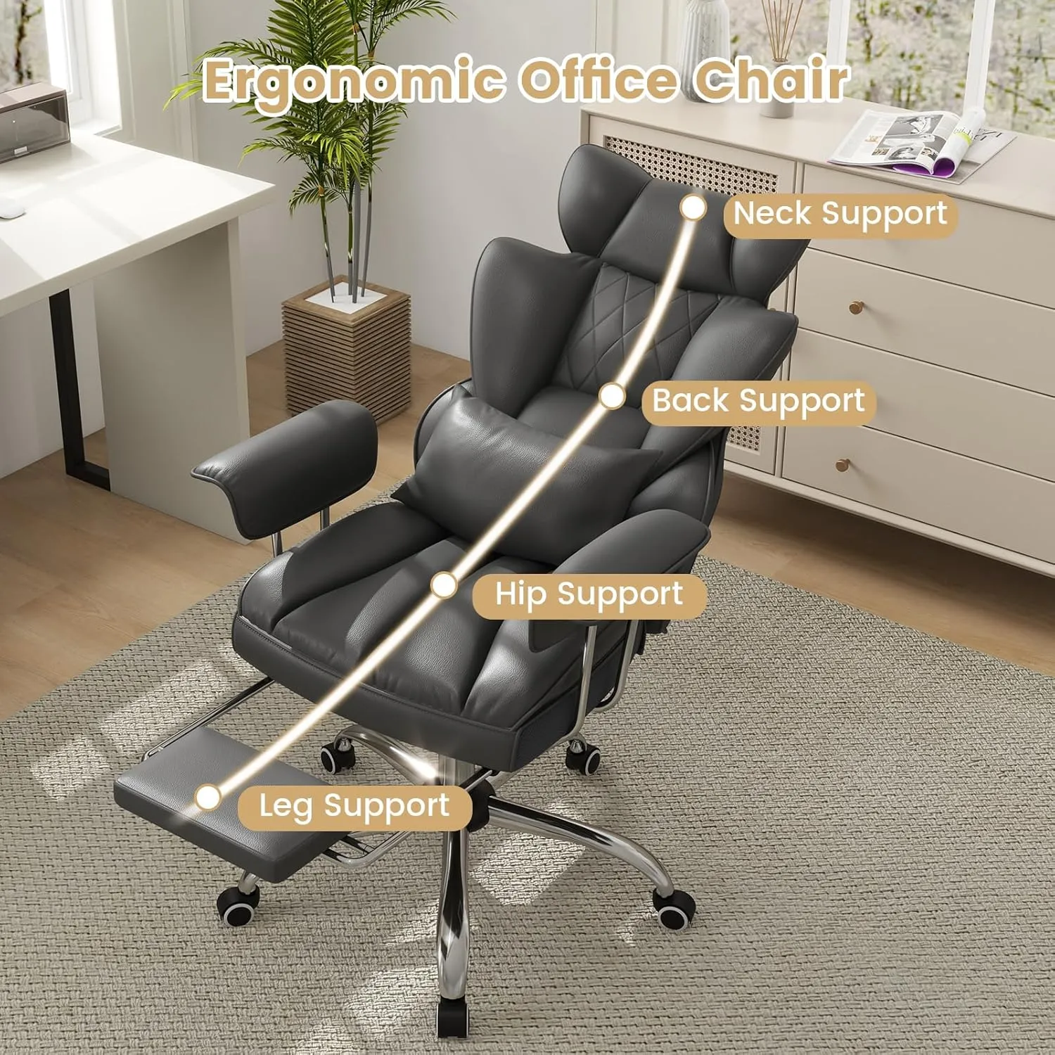COSTWAY 400 LBS Big and Tall Office Chair, PU Leather Executive Desk Chair w/Retractable Footrest, Reclining Function, Lumbar Support, Ergonomic High Back Home Computer Task Chair (Grey)