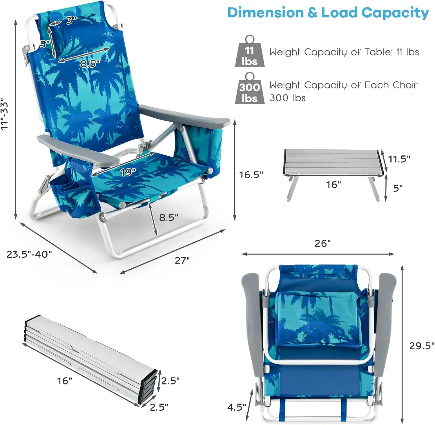 COSTWAY Backpack Beach Chairs Set, 3-Piece Portable Camping Chairs with Cup Holder, Ice Bag, 5-Position Outdoor Reclining Chairs for Adults, Travel, Sunbathing, Support 300 LBS, Light Blue