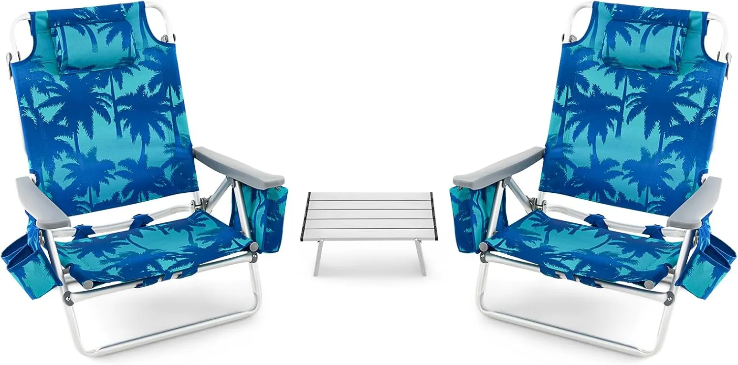 COSTWAY Backpack Beach Chairs Set, 3-Piece Portable Camping Chairs with Cup Holder, Ice Bag, 5-Position Outdoor Reclining Chairs for Adults, Travel, Sunbathing, Support 300 LBS, Light Blue