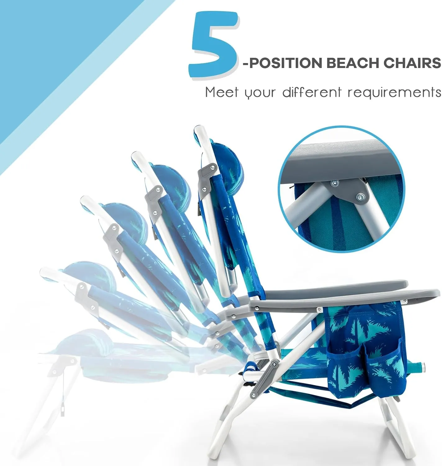 COSTWAY Backpack Beach Chairs Set, 3-Piece Portable Camping Chairs with Cup Holder, Ice Bag, 5-Position Outdoor Reclining Chairs for Adults, Travel, Sunbathing, Support 300 LBS, Light Blue