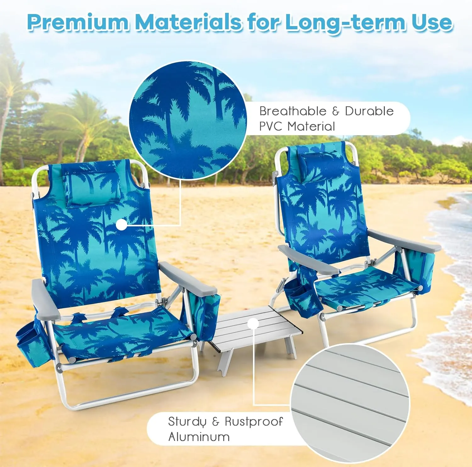 COSTWAY Backpack Beach Chairs Set, 3-Piece Portable Camping Chairs with Cup Holder, Ice Bag, 5-Position Outdoor Reclining Chairs for Adults, Travel, Sunbathing, Support 300 LBS, Light Blue