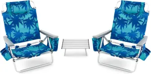 COSTWAY Backpack Beach Chairs Set, 3-Piece Portable Camping Chairs with Cup Holder, Ice Bag, 5-Position Outdoor Reclining Chairs for Adults, Travel, Sunbathing, Support 300 LBS, Light Blue