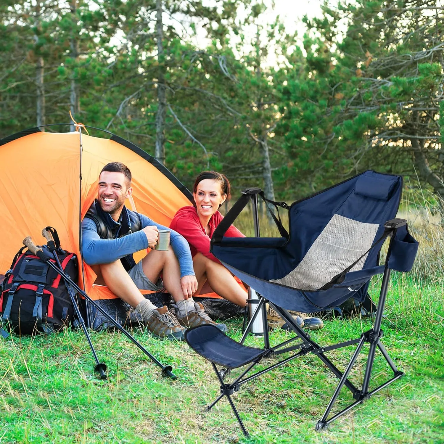 COSTWAY Folding Camping Chair, Portable Beach Chair with Retractable Footrest, Adjustable Back, Cup Holder & Carry Bag, Outdoor Lawn Patio Chair for Camping, Fishing, Hiking (Navy, 1 Pack)