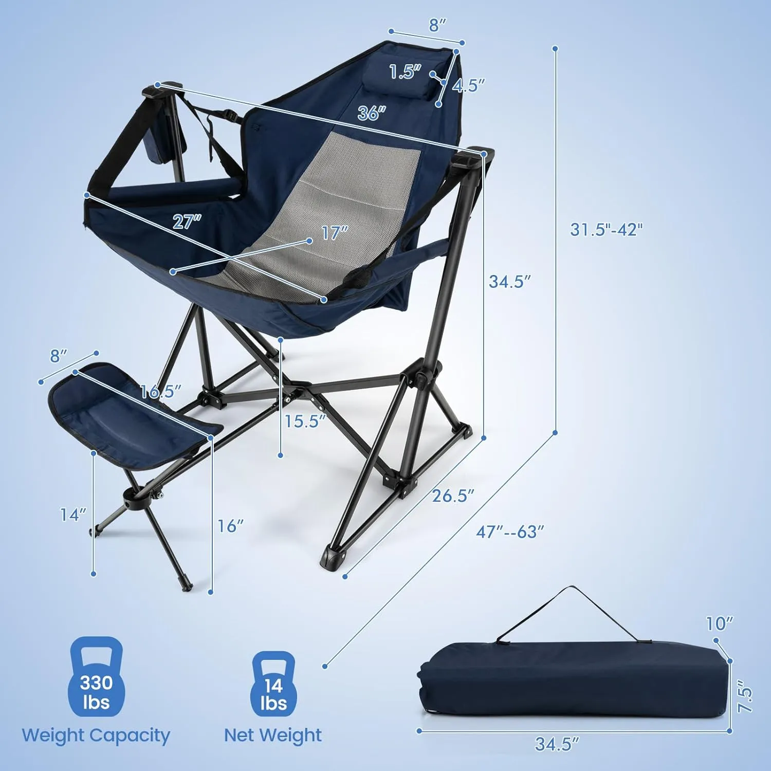 COSTWAY Folding Camping Chair, Portable Beach Chair with Retractable Footrest, Adjustable Back, Cup Holder & Carry Bag, Outdoor Lawn Patio Chair for Camping, Fishing, Hiking (Navy, 1 Pack)