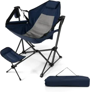 COSTWAY Folding Camping Chair, Portable Beach Chair with Retractable Footrest, Adjustable Back, Cup Holder & Carry Bag, Outdoor Lawn Patio Chair for Camping, Fishing, Hiking (Navy, 1 Pack)