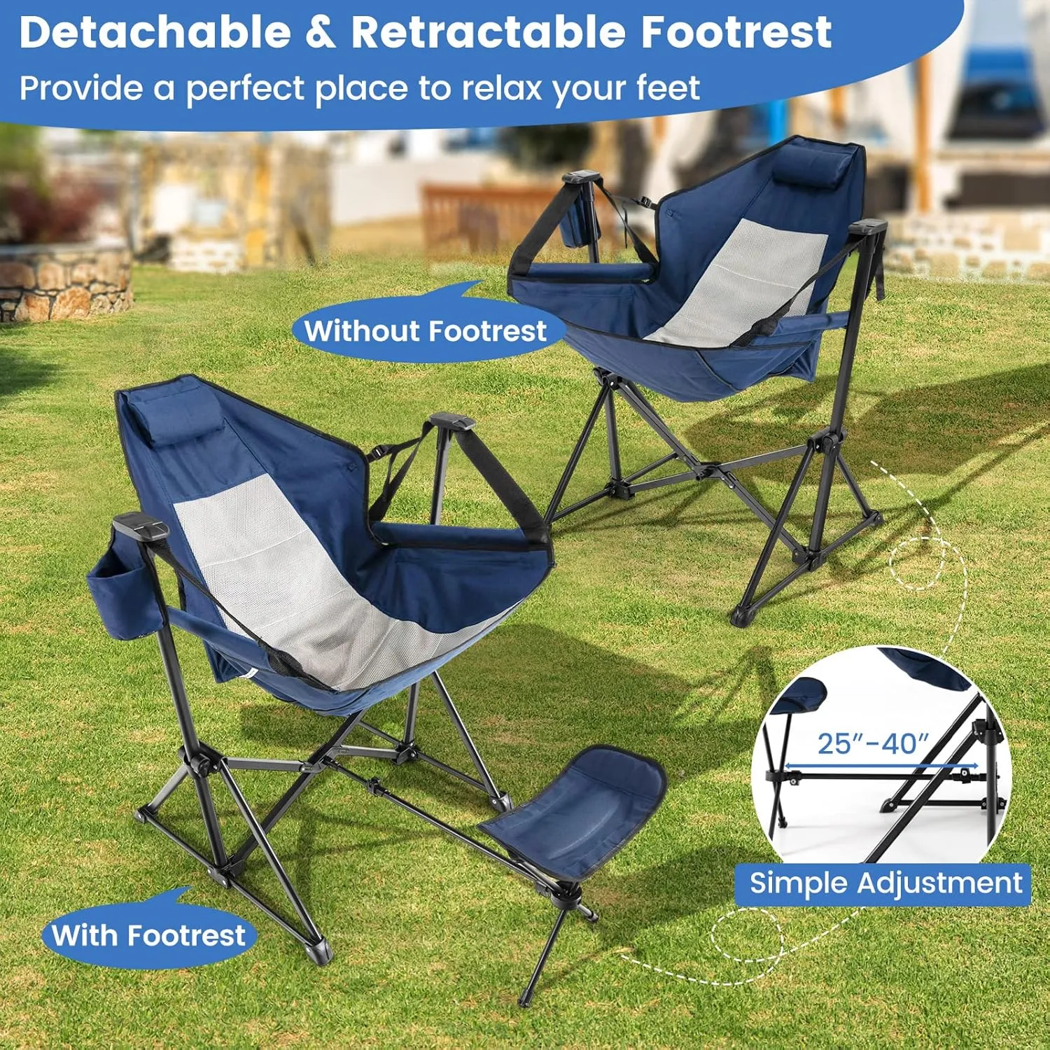 COSTWAY Folding Camping Chair, Portable Beach Chair with Retractable Footrest, Adjustable Back, Cup Holder & Carry Bag, Outdoor Lawn Patio Chair for Camping, Fishing, Hiking (Navy, 1 Pack)