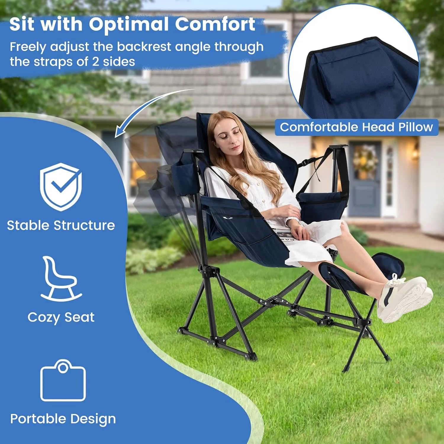 COSTWAY Folding Camping Chair, Portable Beach Chair with Retractable Footrest, Adjustable Back, Cup Holder & Carry Bag, Outdoor Lawn Patio Chair for Camping, Fishing, Hiking (Navy, 1 Pack)