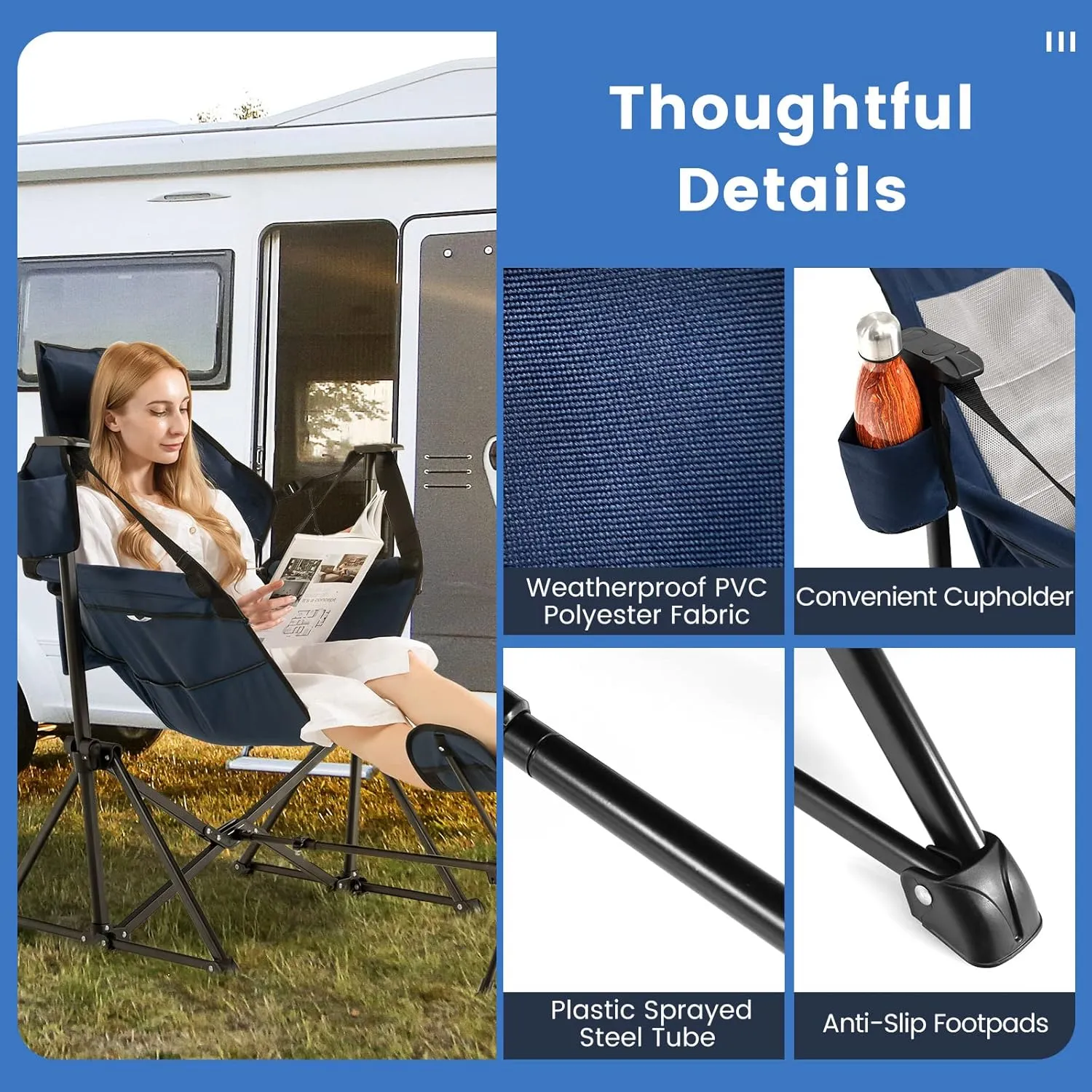 COSTWAY Folding Camping Chair, Portable Beach Chair with Retractable Footrest, Adjustable Back, Cup Holder & Carry Bag, Outdoor Lawn Patio Chair for Camping, Fishing, Hiking (Navy, 1 Pack)
