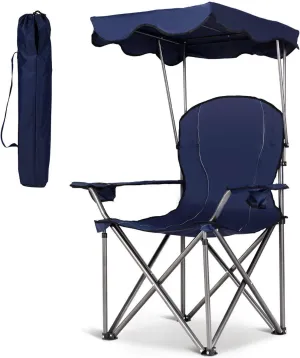 COSTWAY Portable Camping Chair with Canopy, Outdoor Lawn Chair with Shade, Carry Bag, Cup Holder, for Travel, Picnic, Beach (Blue)