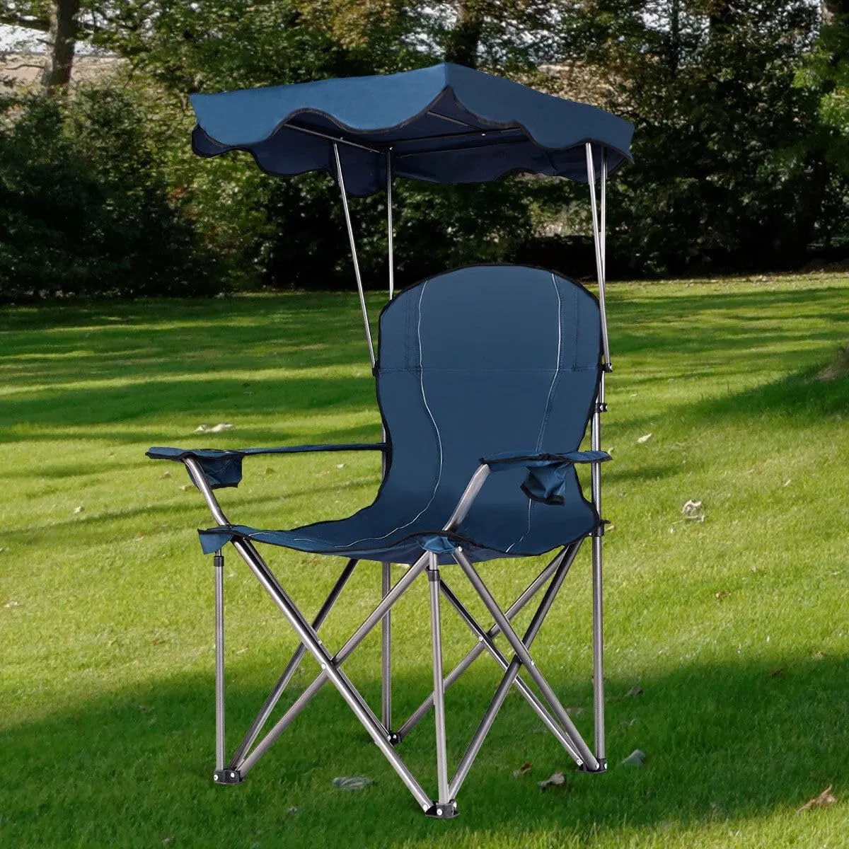 COSTWAY Portable Camping Chair with Canopy, Outdoor Lawn Chair with Shade, Carry Bag, Cup Holder, for Travel, Picnic, Beach (Blue)