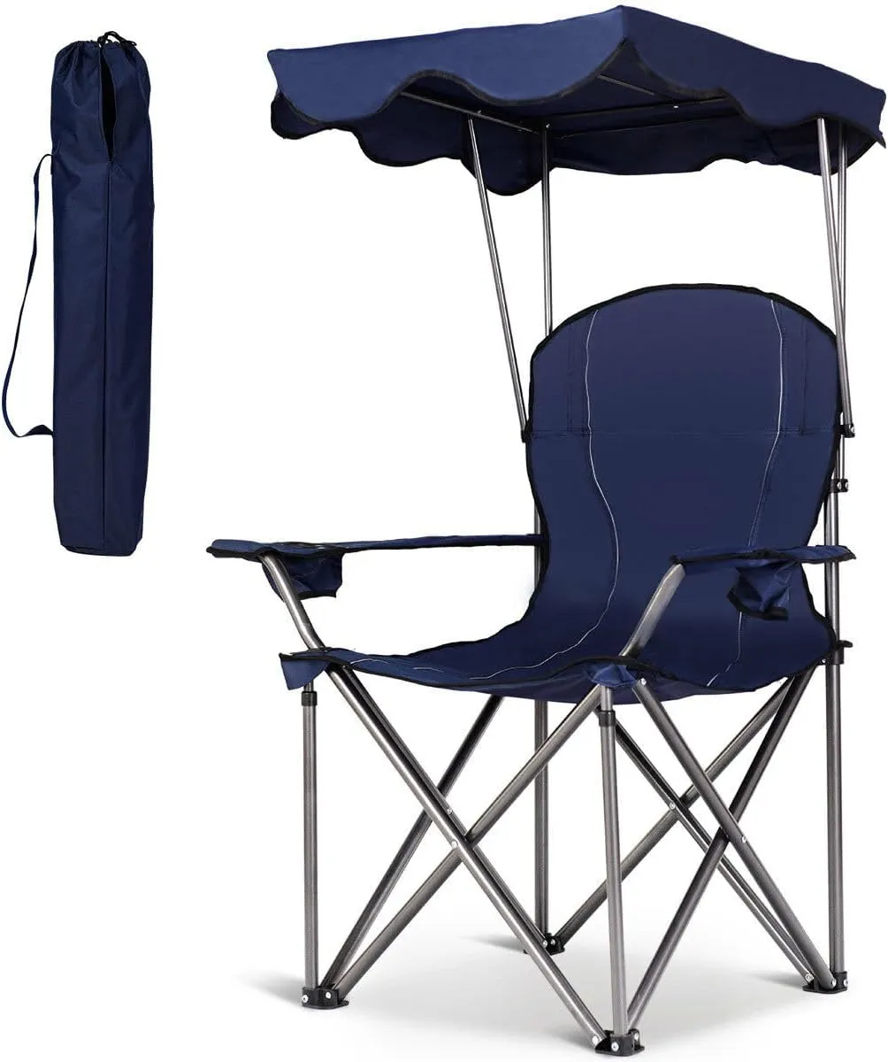 COSTWAY Portable Camping Chair with Canopy, Outdoor Lawn Chair with Shade, Carry Bag, Cup Holder, for Travel, Picnic, Beach (Blue)