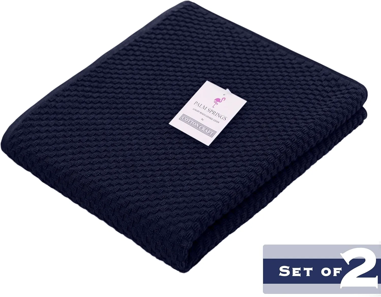 COTTON CRAFT Pool Lounge Chair Cover - 2 Pack Euro Spa Waffle Weave Chaise Lounge Cover - 100% Cotton Terry Towel Beach Chair Cover - Oversized 32 inches W x 82 inches Length x 7 in Pocket – Navy Blue