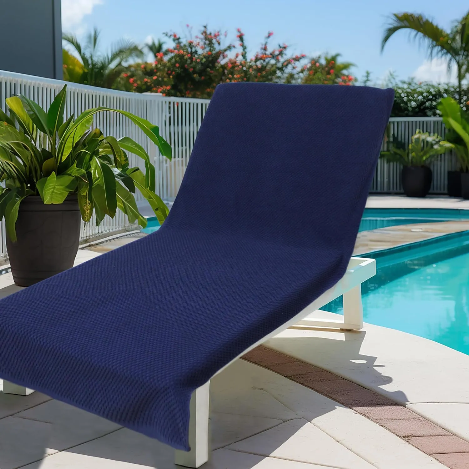 COTTON CRAFT Pool Lounge Chair Cover - 2 Pack Euro Spa Waffle Weave Chaise Lounge Cover - 100% Cotton Terry Towel Beach Chair Cover - Oversized 32 inches W x 82 inches Length x 7 in Pocket – Navy Blue
