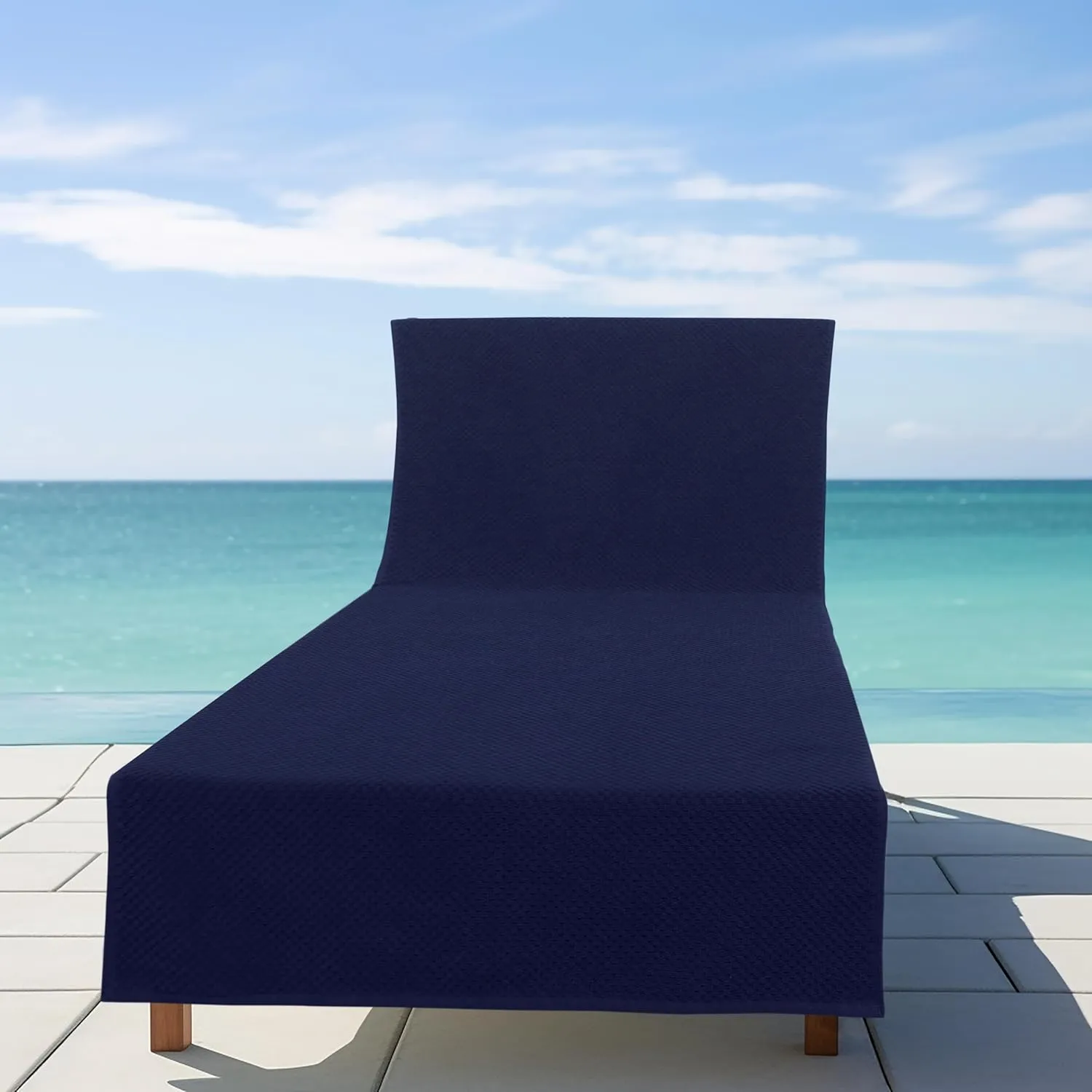 COTTON CRAFT Pool Lounge Chair Cover - 2 Pack Euro Spa Waffle Weave Chaise Lounge Cover - 100% Cotton Terry Towel Beach Chair Cover - Oversized 32 inches W x 82 inches Length x 7 in Pocket – Navy Blue